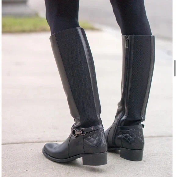 Aquatalia Genna Riding Boot Weatherproof Leather Black Stretch